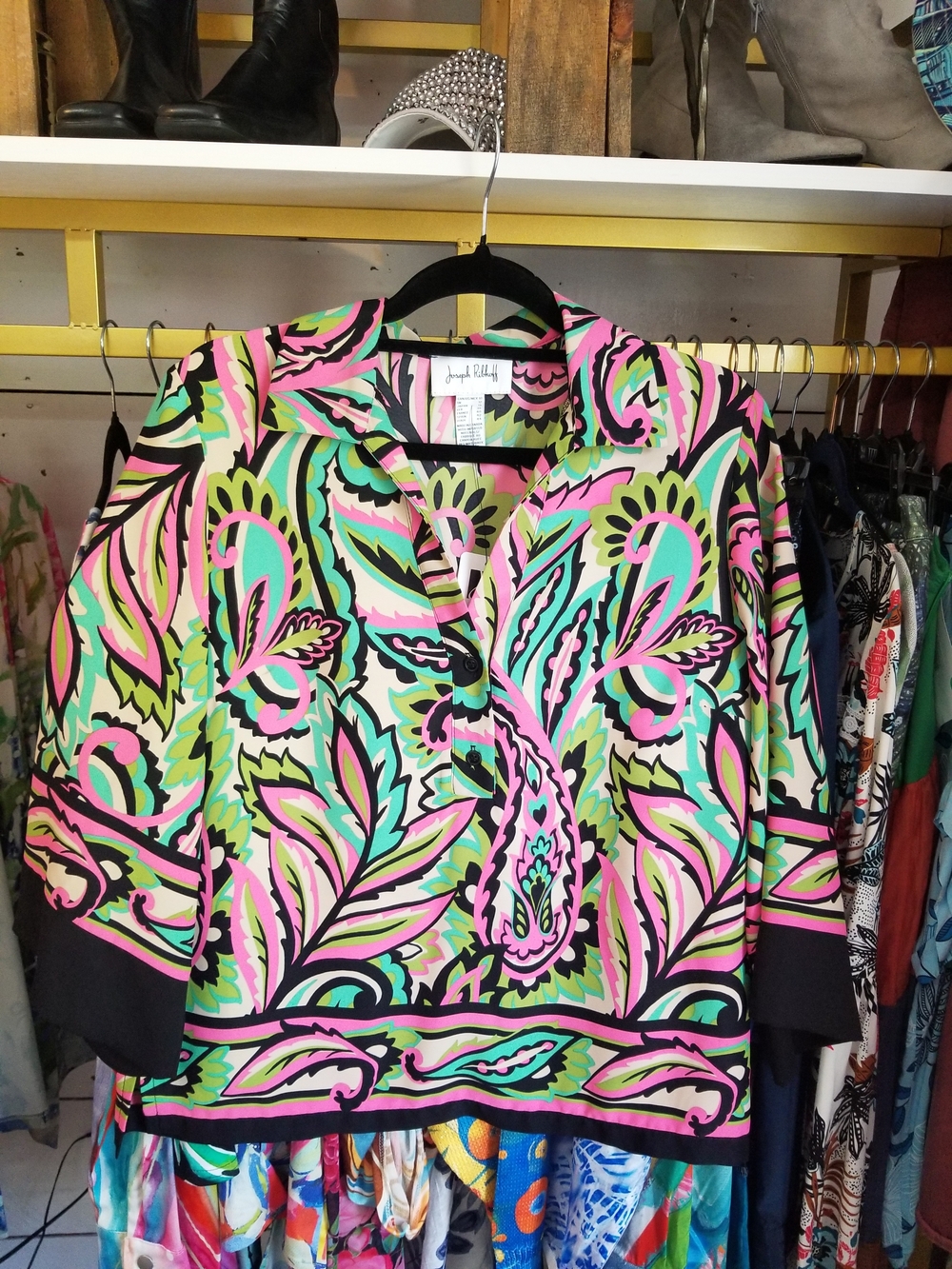 Joseph Ribkoff Neon Paisley Button-Up Blouse in Pink, Green & Black